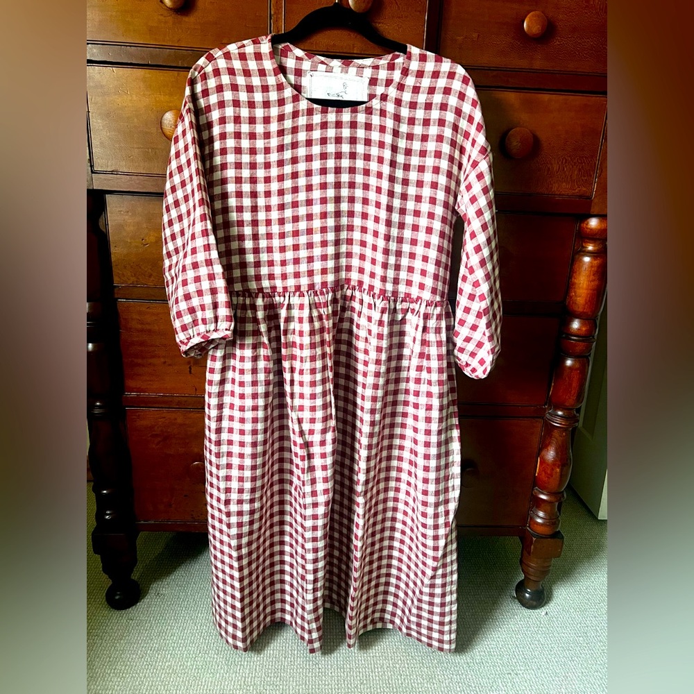 notPERFECTLINEN montmarte drop shoulder dress in Marsala gingham